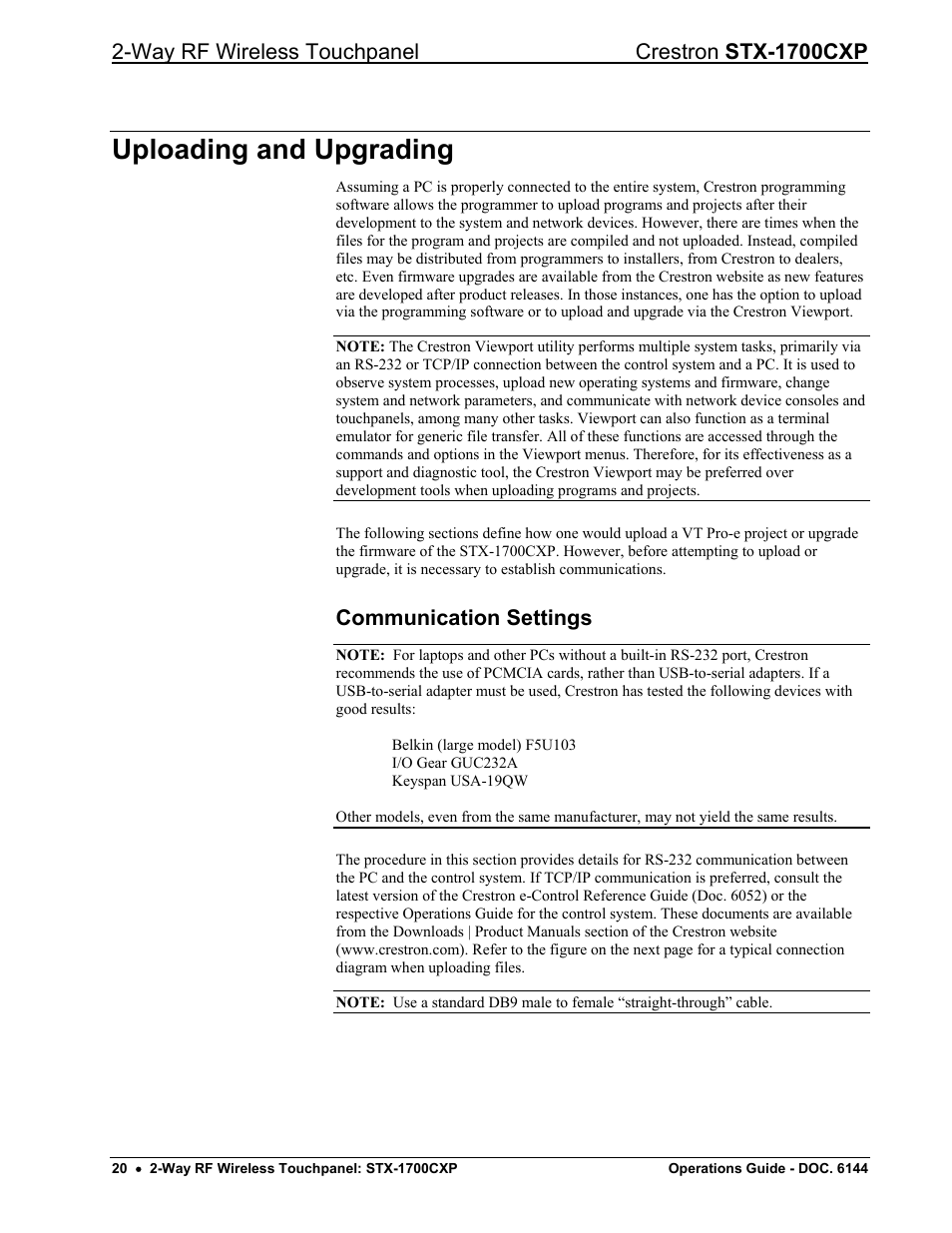 Uploading and upgrading, Communication settings, Way rf wireless touchpanel crestron stx-1700cxp | Crestron electronic STX-1700CXP User Manual | Page 24 / 40
