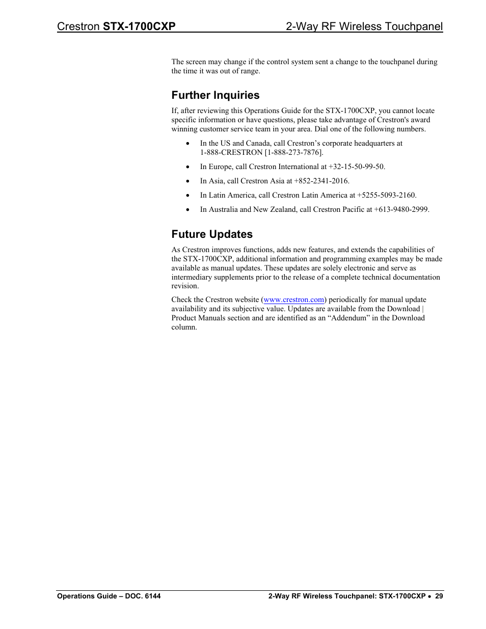 Further inquiries, Future updates | Crestron electronic STX-1700CXP User Manual | Page 33 / 40