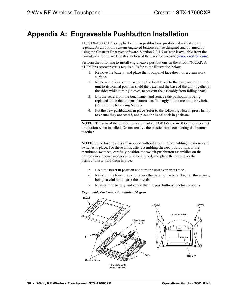Appendix a: engraveable pushbutton installation, Way rf wireless touchpanel crestron stx-1700cxp | Crestron electronic STX-1700CXP User Manual | Page 34 / 40