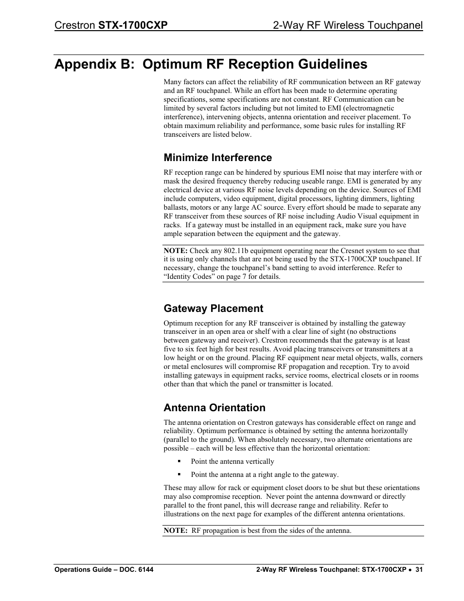 Appendix b: optimum rf reception guidelines, Minimize interference, Gateway placement | Antenna orientation | Crestron electronic STX-1700CXP User Manual | Page 35 / 40