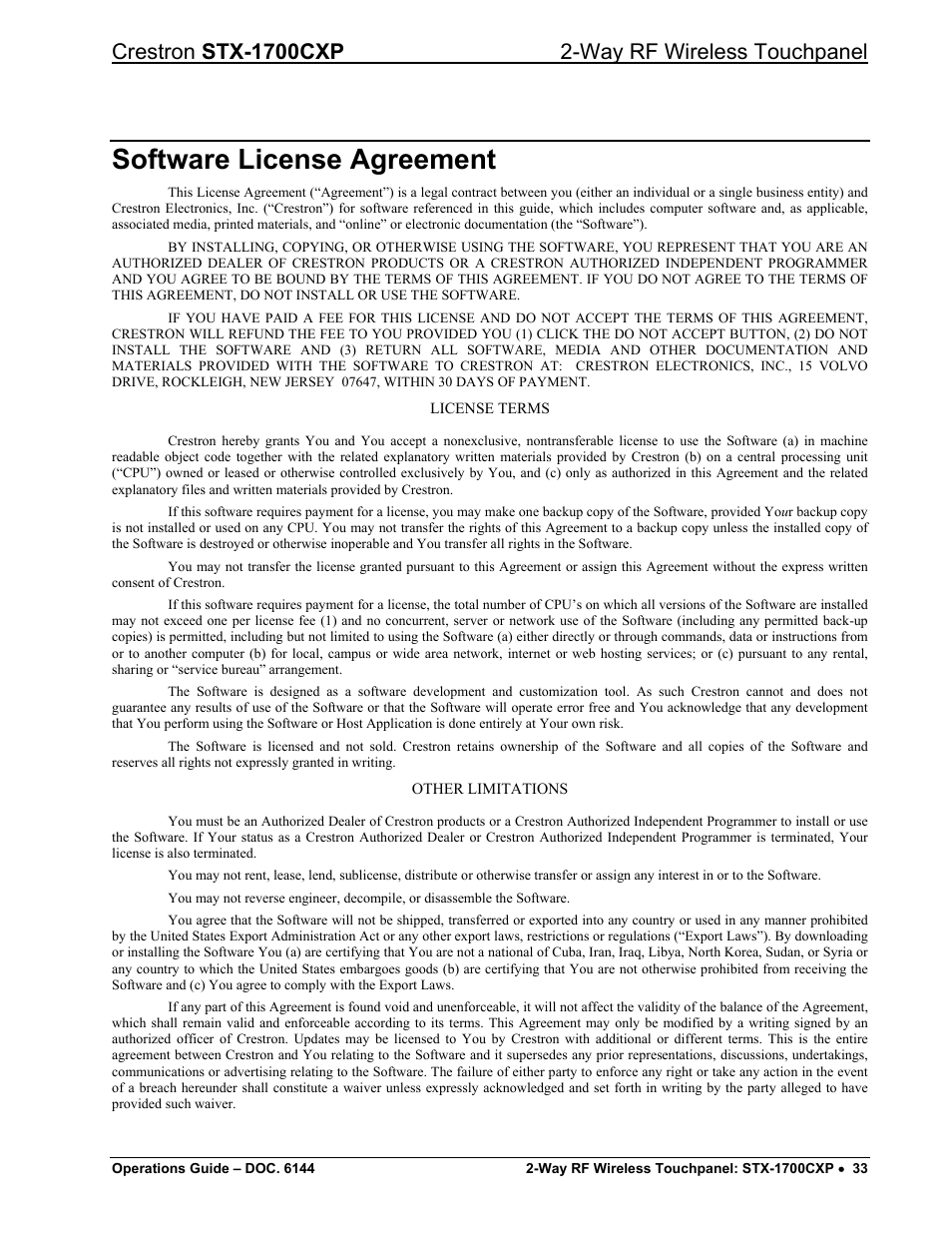 Software license agreement | Crestron electronic STX-1700CXP User Manual | Page 37 / 40