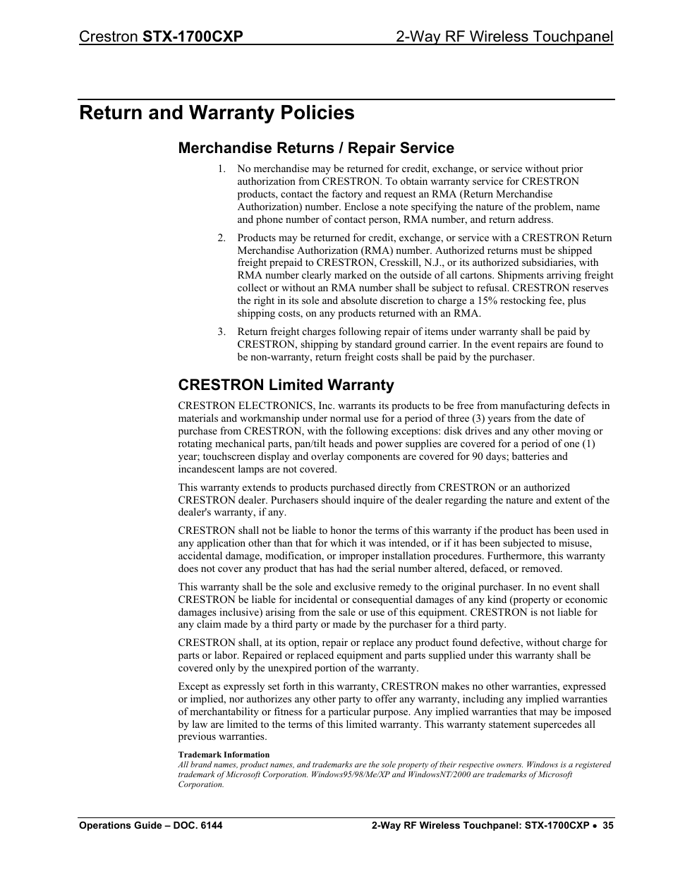 Return and warranty policies, Merchandise returns / repair service, Crestron limited warranty | Crestron electronic STX-1700CXP User Manual | Page 39 / 40