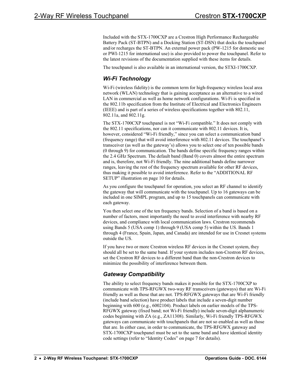 Wi-fi technology, Gateway compatibility, Wi-fi technology” and “gateway compatibility” o | Way rf wireless touchpanel crestron stx-1700cxp | Crestron electronic STX-1700CXP User Manual | Page 6 / 40