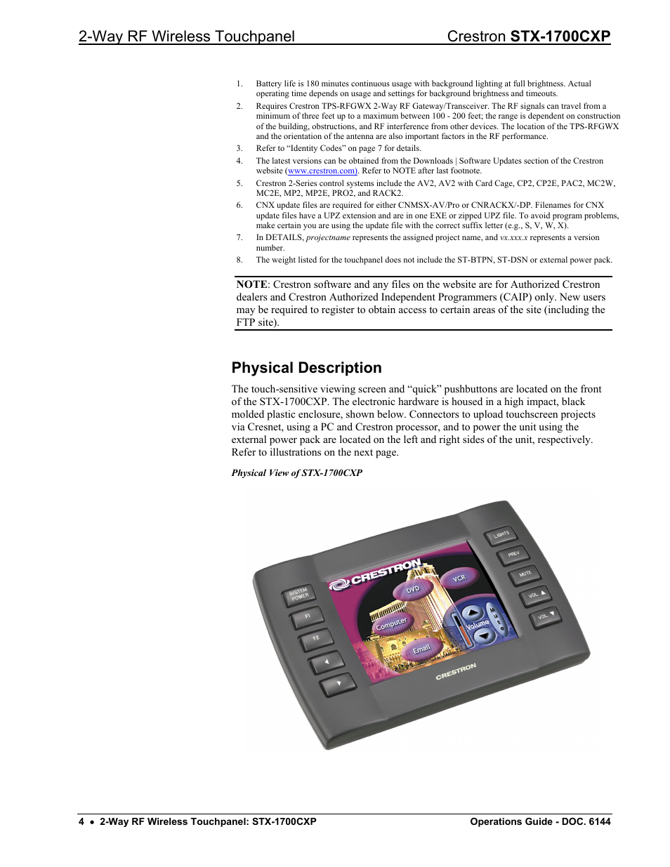 Physical description, Way rf wireless touchpanel crestron stx-1700cxp | Crestron electronic STX-1700CXP User Manual | Page 8 / 40