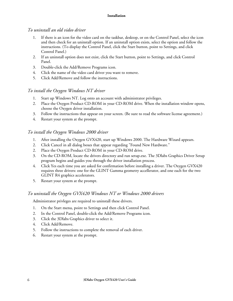 To uninstall an old video driver, To install the oxygen windows nt driver, To install the oxygen windows 2000 driver | 3DLABS Oxygen GVX420 User Manual | Page 16 / 44