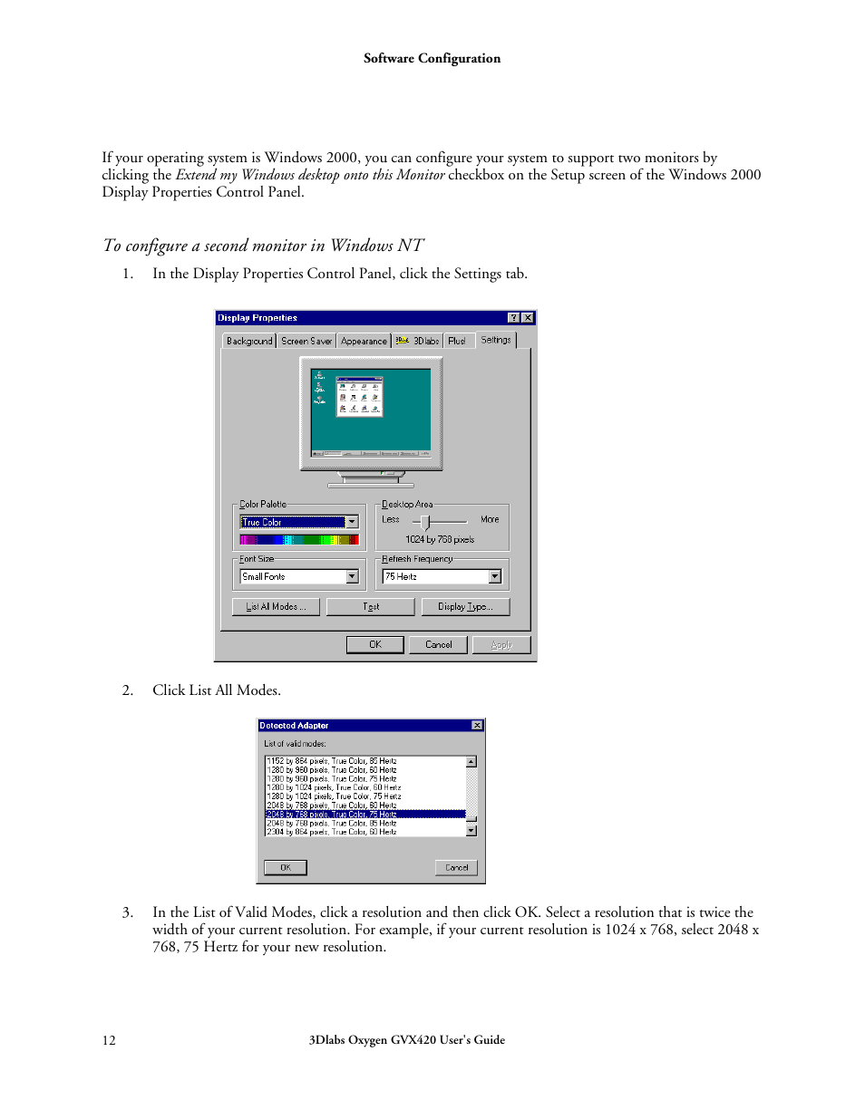 Configuring multiple monitors, To configure a second monitor in windows nt | 3DLABS Oxygen GVX420 User Manual | Page 22 / 44