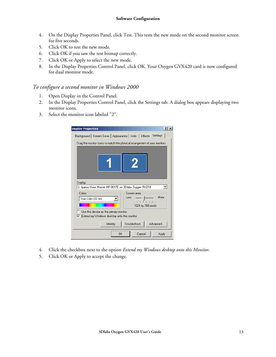 To configure a second monitor in windows 2000 | 3DLABS Oxygen GVX420 User Manual | Page 23 / 44