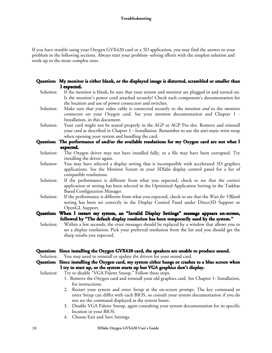 Troubleshooting, Monitors and display resolutions, Systems and networks | 3DLABS Oxygen GVX420 User Manual | Page 28 / 44