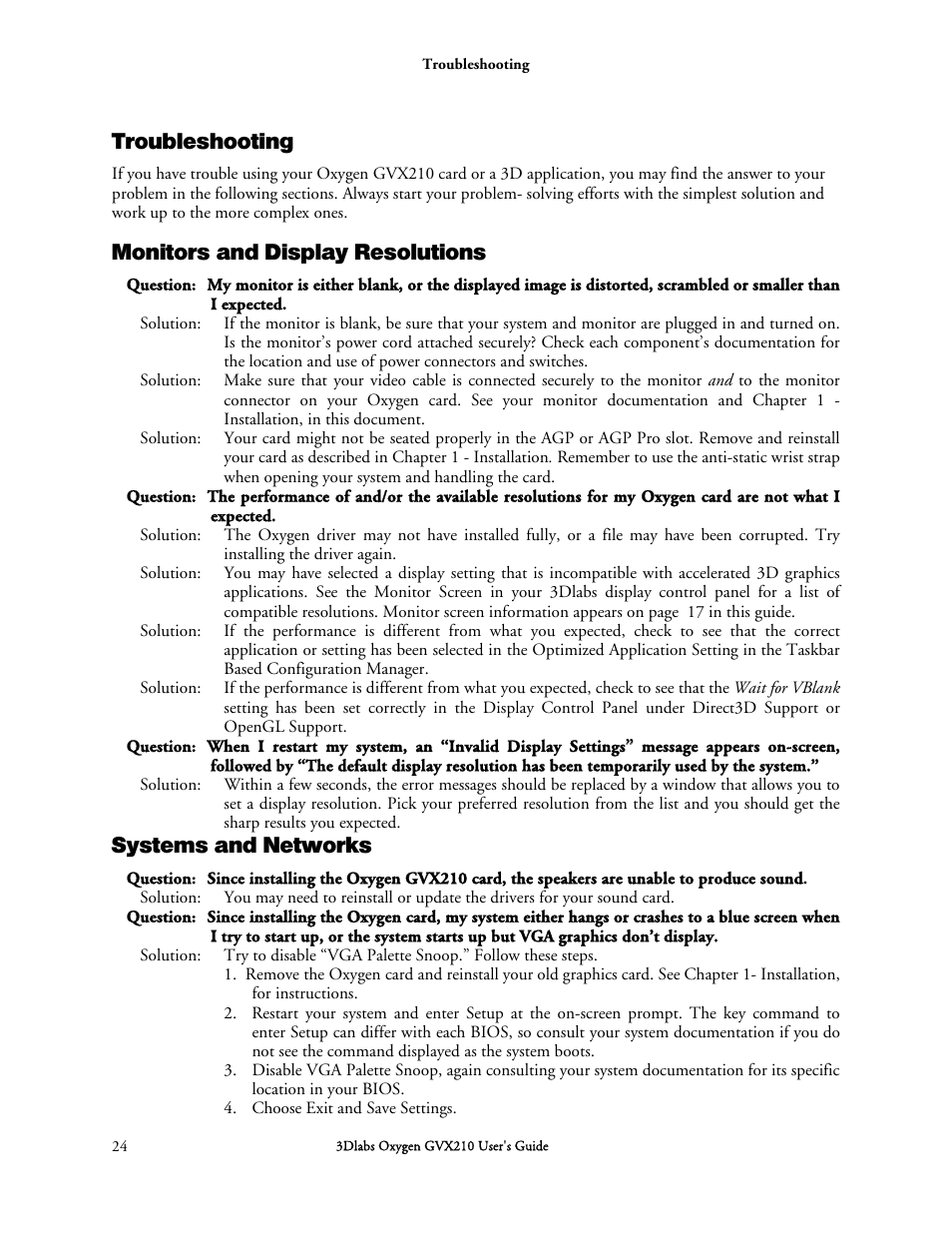 Troubleshooting, Monitors and display resolutions, Systems and networks | 3DLABS Oxygen GVX210 User Manual | Page 34 / 49