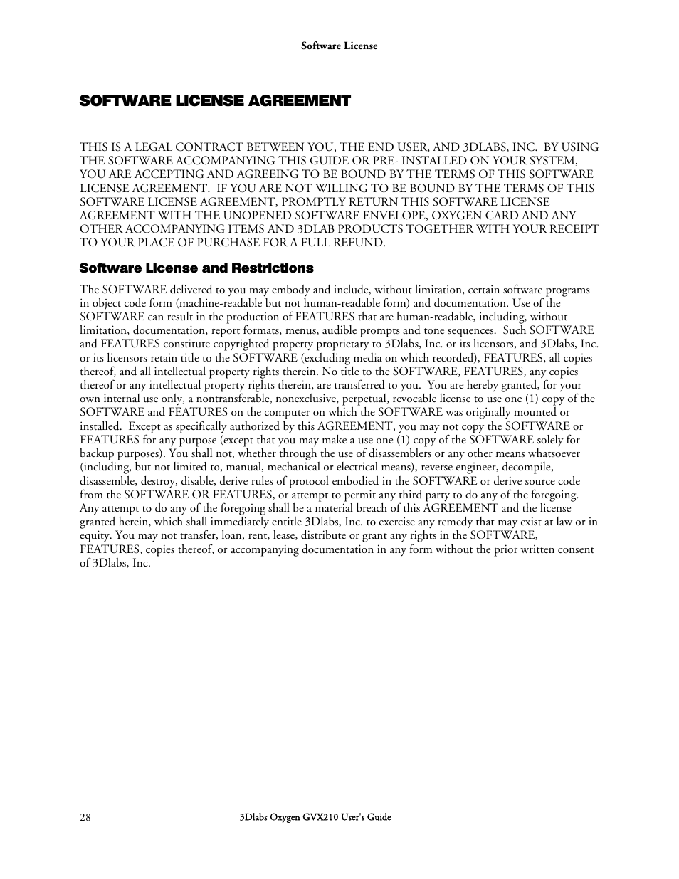 Software license agreement | 3DLABS Oxygen GVX210 User Manual | Page 38 / 49