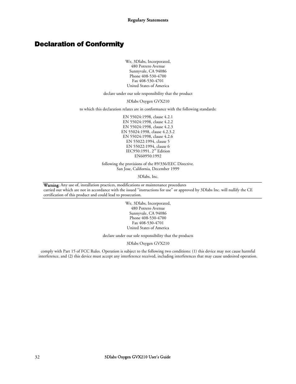 Declaration of conformity | 3DLABS Oxygen GVX210 User Manual | Page 42 / 49