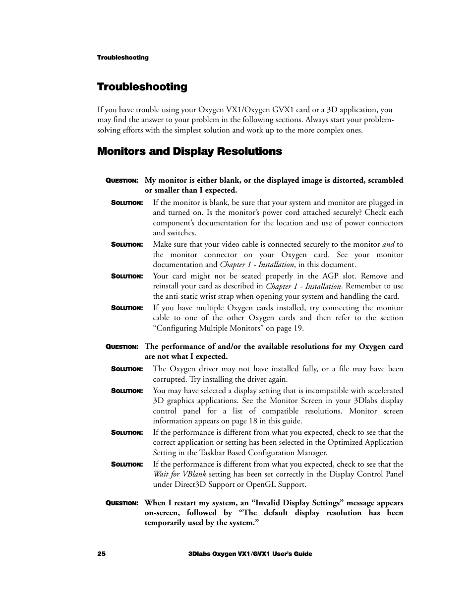 Troubleshooting, Monitors and display resolutions | 3DLABS Oxygen VX1 User Manual | Page 34 / 52