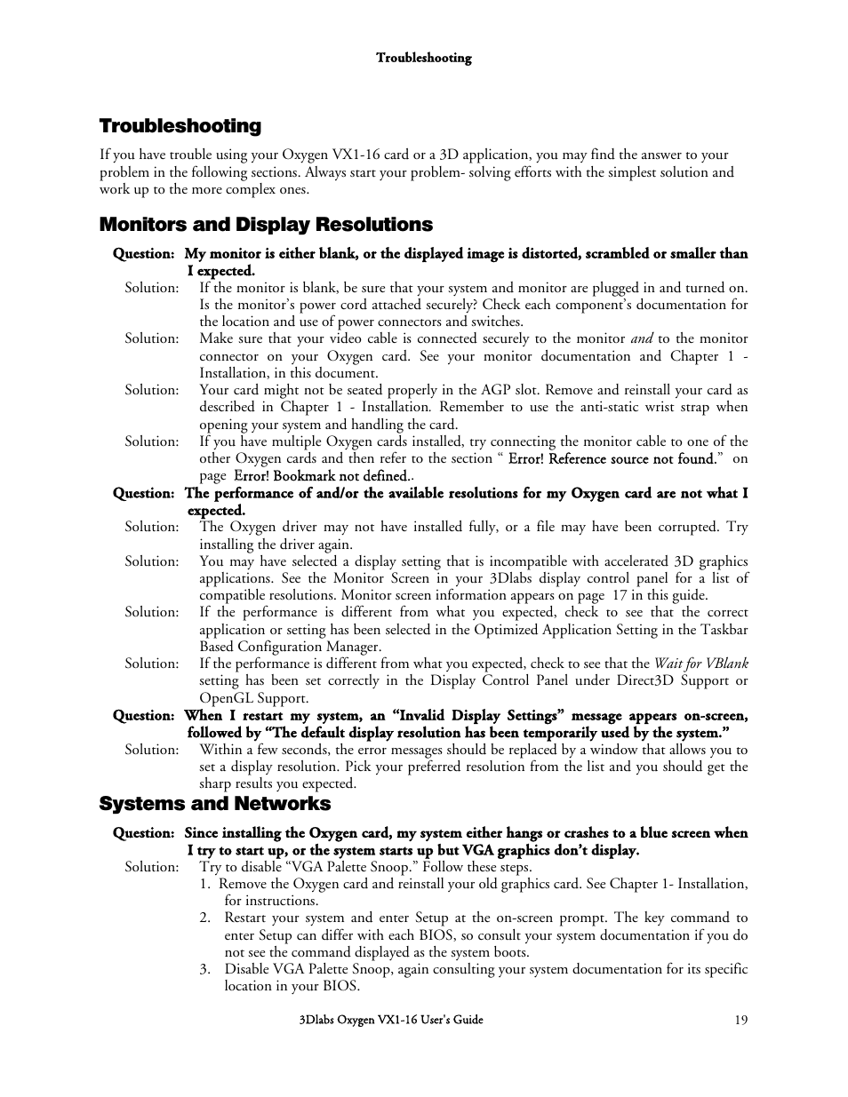 Troubleshooting, Monitors and display resolutions, Systems and networks | 3DLABS Oxygen VX1-16 User Manual | Page 29 / 45