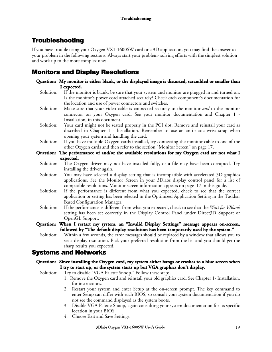 Troubleshooting, Monitors and display resolutions, Systems and networks | 3DLABS Oxygen VX1-1600SW User Manual | Page 29 / 46