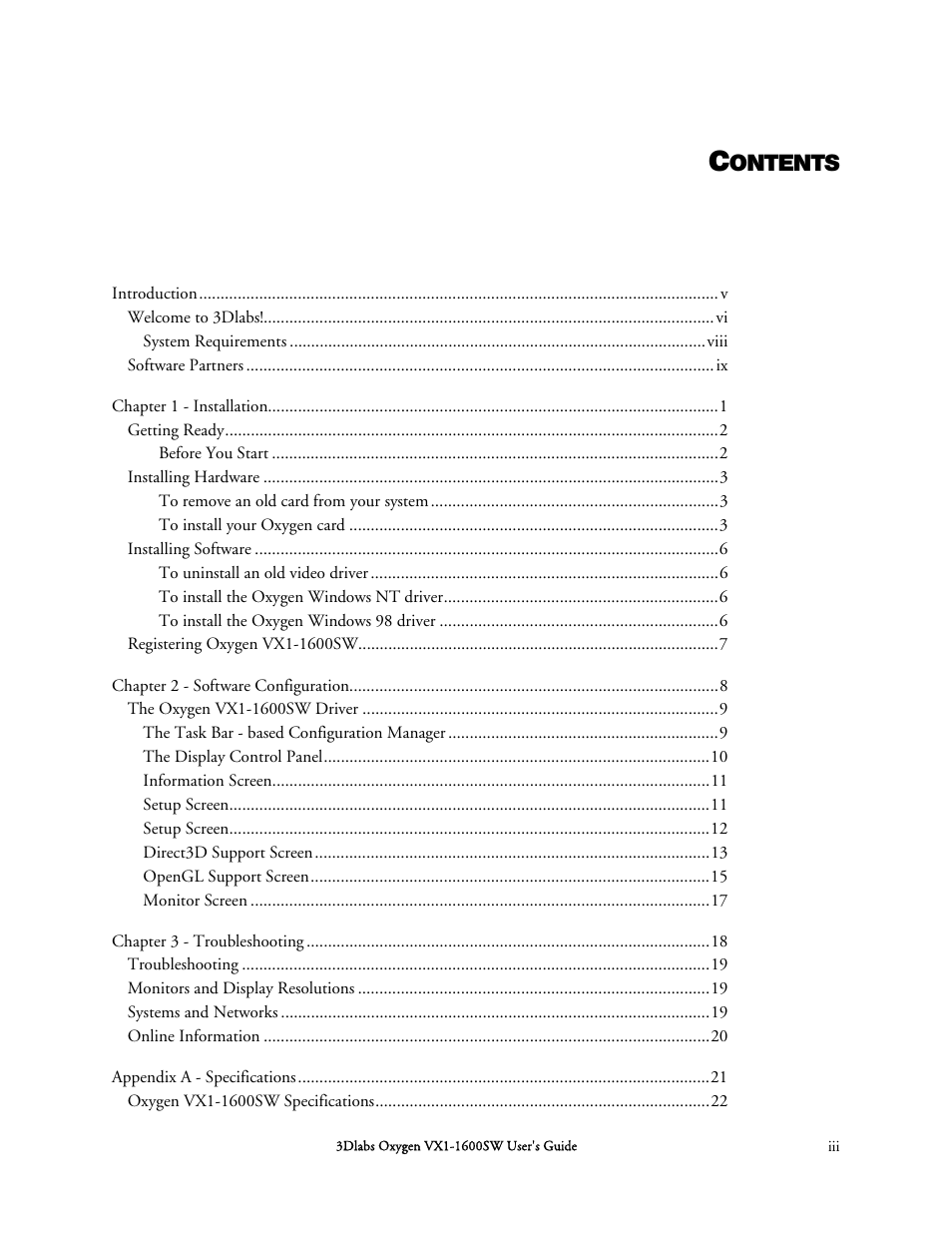 Ontents | 3DLABS Oxygen VX1-1600SW User Manual | Page 3 / 46