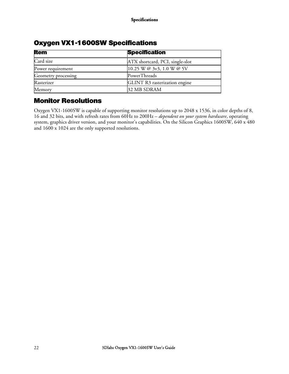 Monitor resolutions | 3DLABS Oxygen VX1-1600SW User Manual | Page 32 / 46