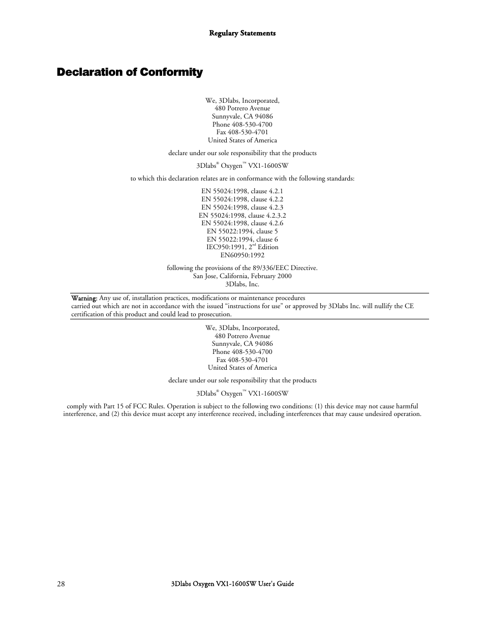 Declaration of conformity | 3DLABS Oxygen VX1-1600SW User Manual | Page 38 / 46