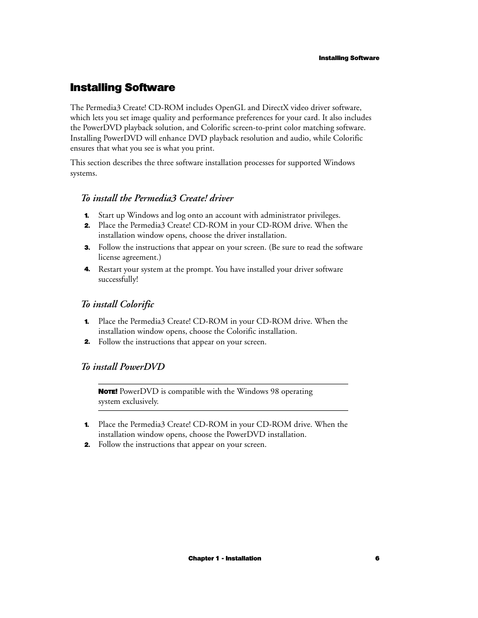 Installing software, To install the permedia3 create! driver, To install colorific | To install powerdvd | 3DLABS Permedia3 User Manual | Page 13 / 41