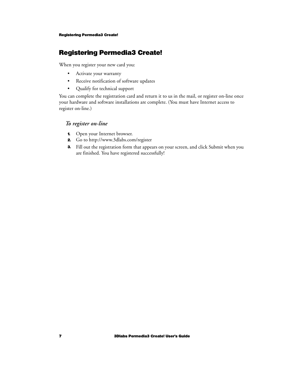 Registering permedia3 create, To register on-line | 3DLABS Permedia3 User Manual | Page 14 / 41