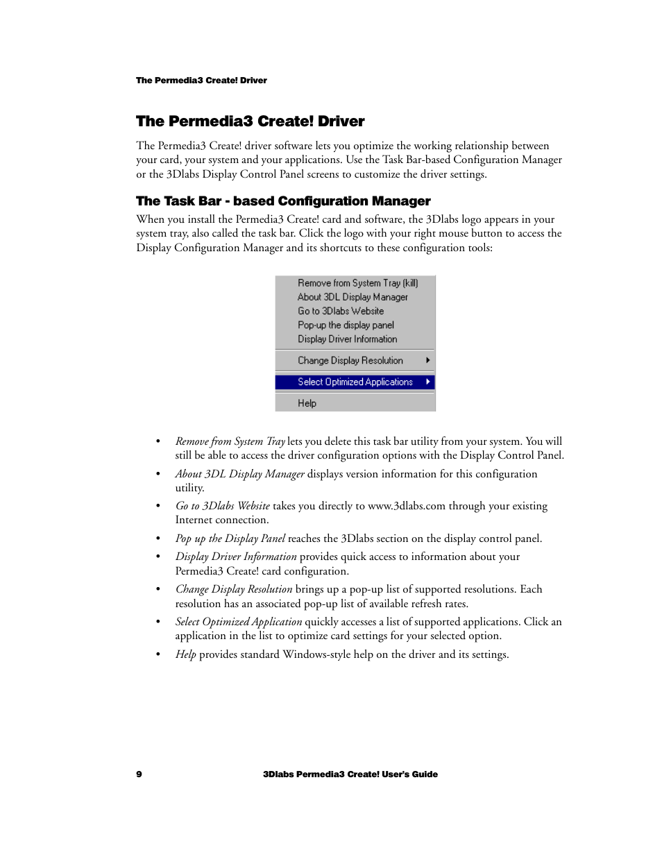 The permedia3 create! driver, The task bar - based configuration manager | 3DLABS Permedia3 User Manual | Page 16 / 41