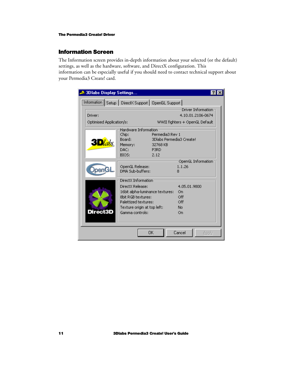Information screen | 3DLABS Permedia3 User Manual | Page 18 / 41