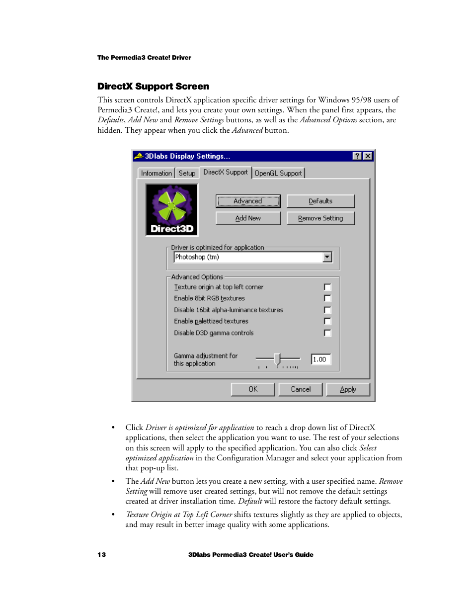 Directx support screen | 3DLABS Permedia3 User Manual | Page 20 / 41