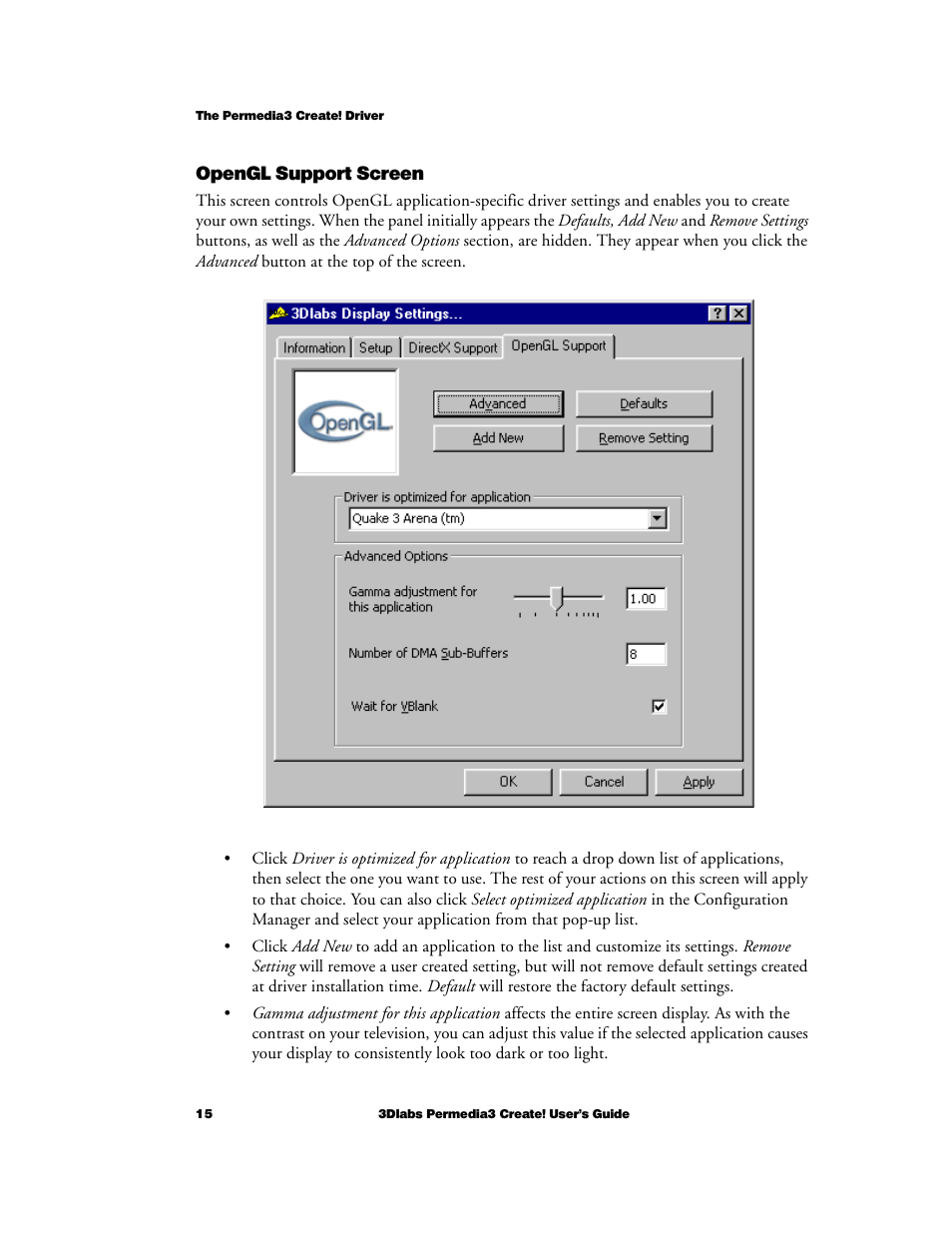 Opengl support screen | 3DLABS Permedia3 User Manual | Page 22 / 41