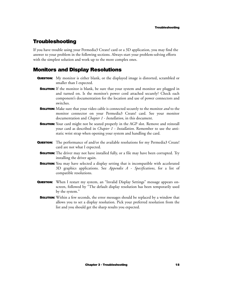 Troubleshooting, Monitors and display resolutions, Troubleshooting monitors and display resolutions | 3DLABS Permedia3 User Manual | Page 25 / 41