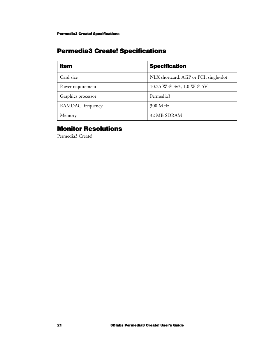 Permedia3 create! specifications, Monitor resolutions | 3DLABS Permedia3 User Manual | Page 28 / 41