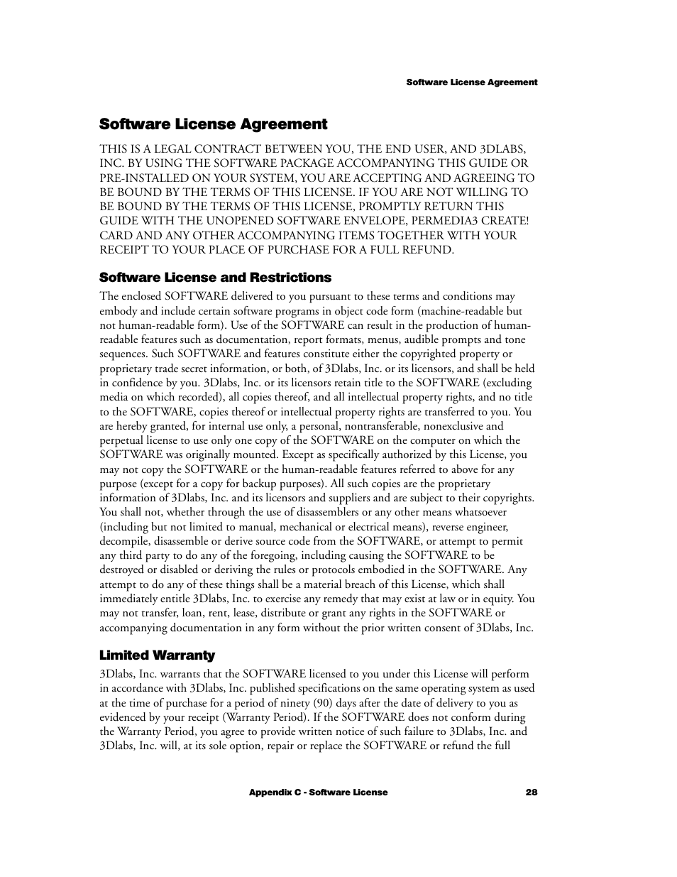 Software license agreement, Software license and restrictions, Limited warranty | Software license and restrictions limited warranty | 3DLABS Permedia3 User Manual | Page 35 / 41