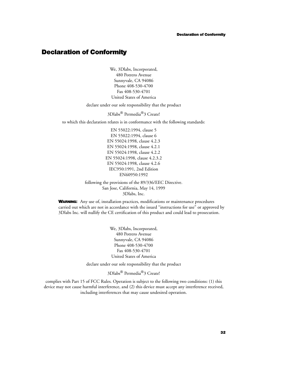 Declaration of conformity | 3DLABS Permedia3 User Manual | Page 39 / 41