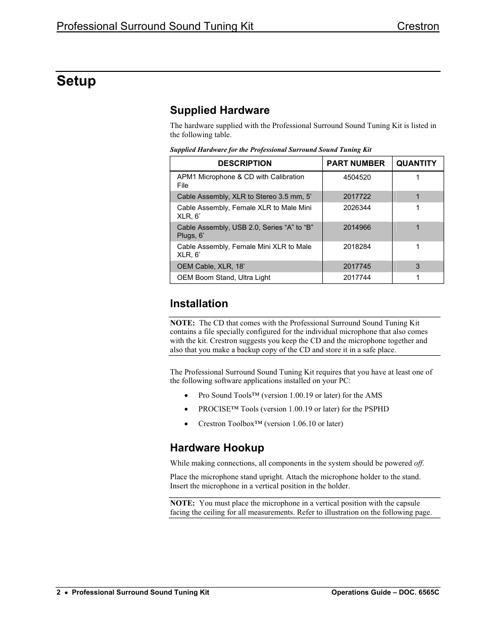 Setup, Supplied hardware, Installation | Hardware hookup, Professional surround sound tuning kit crestron | Crestron electronic Surround Sound Tuning Kit User Manual | Page 10 / 32