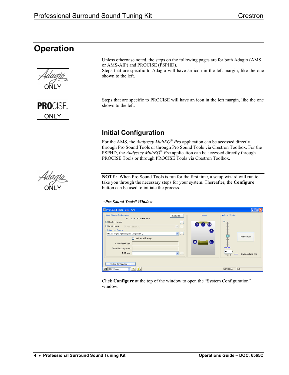 Operation, Initial configuration, Professional surround sound tuning kit crestron | Only | Crestron electronic Surround Sound Tuning Kit User Manual | Page 12 / 32