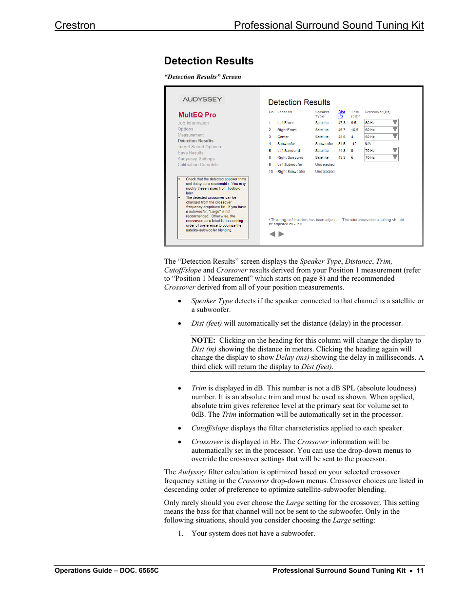 Detection results, Crestron professional surround sound tuning kit | Crestron electronic Surround Sound Tuning Kit User Manual | Page 19 / 32