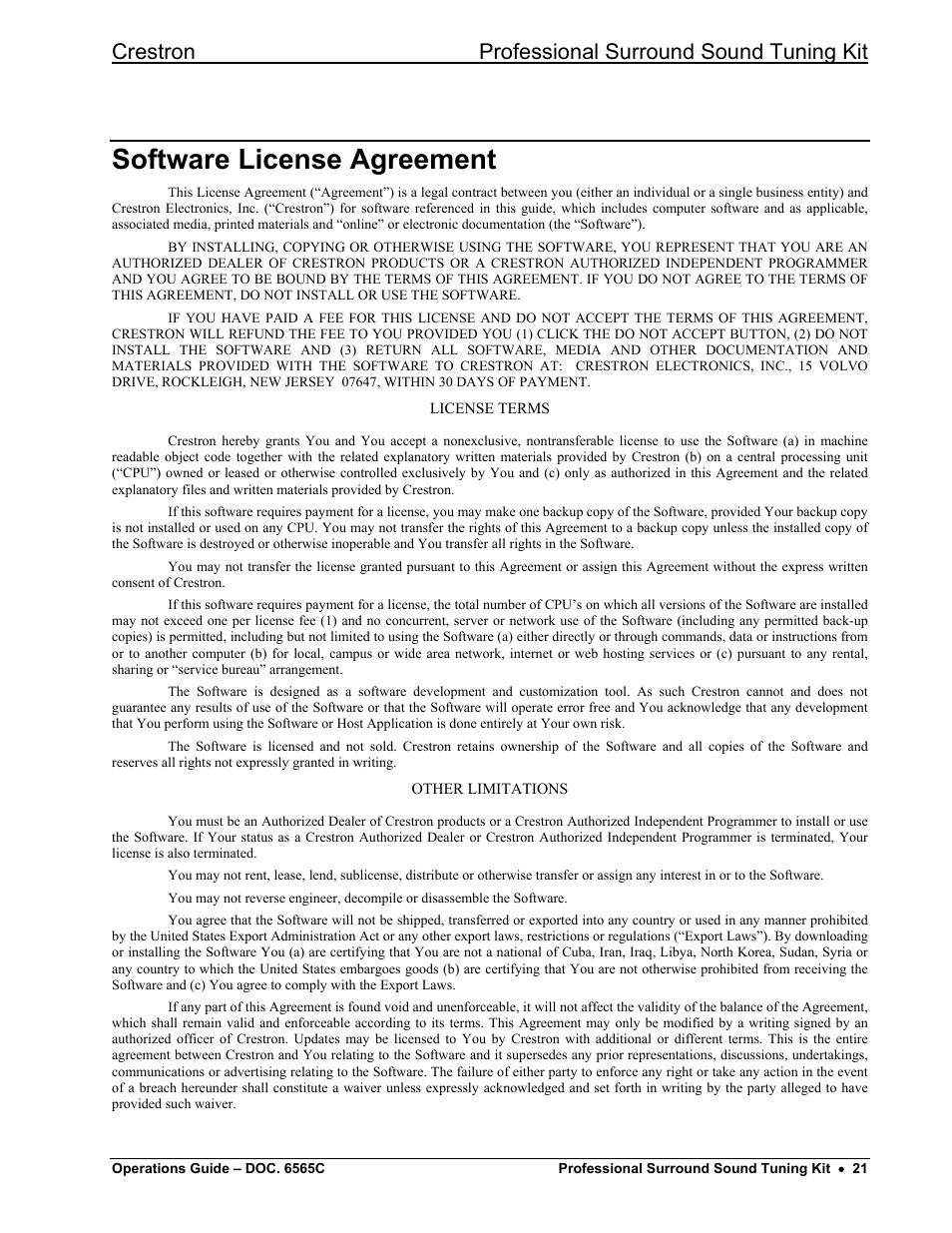 Software license agreement, Crestron professional surround sound tuning kit | Crestron electronic Surround Sound Tuning Kit User Manual | Page 29 / 32