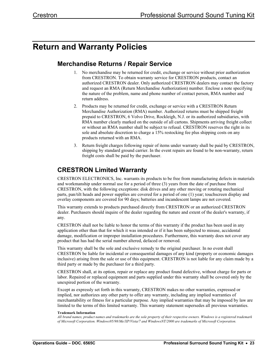 Return and warranty policies, Merchandise returns / repair service, Crestron limited warranty | Crestron professional surround sound tuning kit | Crestron electronic Surround Sound Tuning Kit User Manual | Page 31 / 32