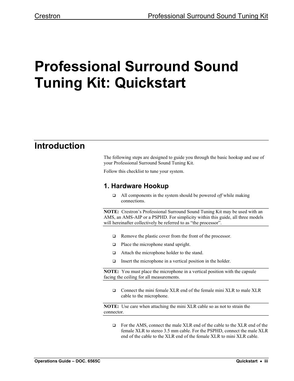 Professional surround sound tuning kit: quickstart, Introduction, Crestron professional surround sound tuning kit | Hardware hookup | Crestron electronic Surround Sound Tuning Kit User Manual | Page 5 / 32
