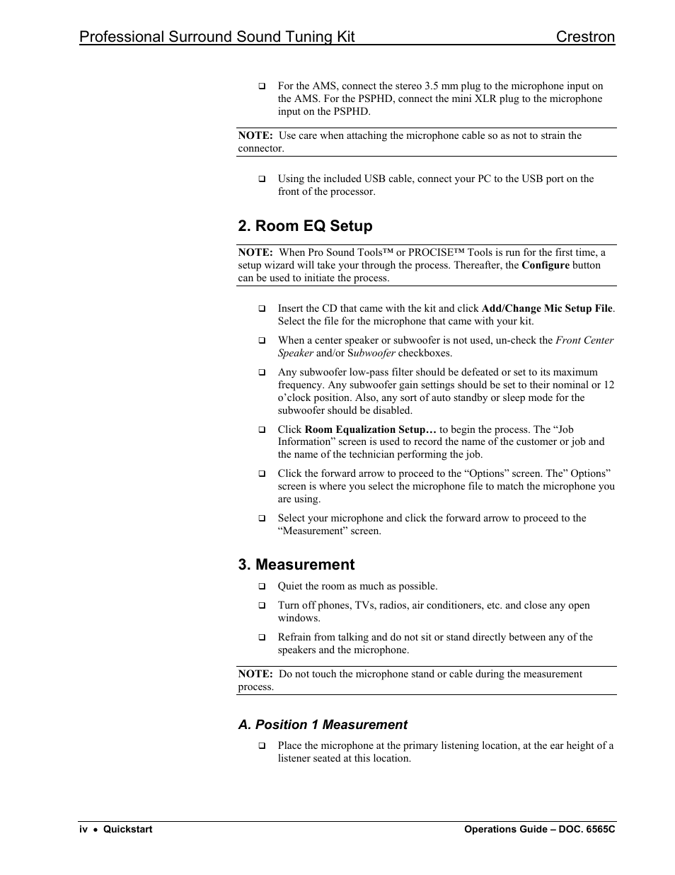Professional surround sound tuning kit crestron, Room eq setup, Measurement | Crestron electronic Surround Sound Tuning Kit User Manual | Page 6 / 32