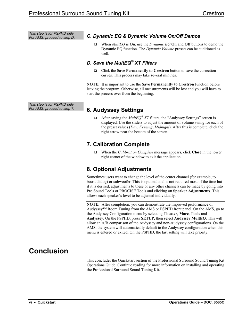 Conclusion, Professional surround sound tuning kit crestron, Audyssey settings | Calibration complete, Optional adjustments | Crestron electronic Surround Sound Tuning Kit User Manual | Page 8 / 32