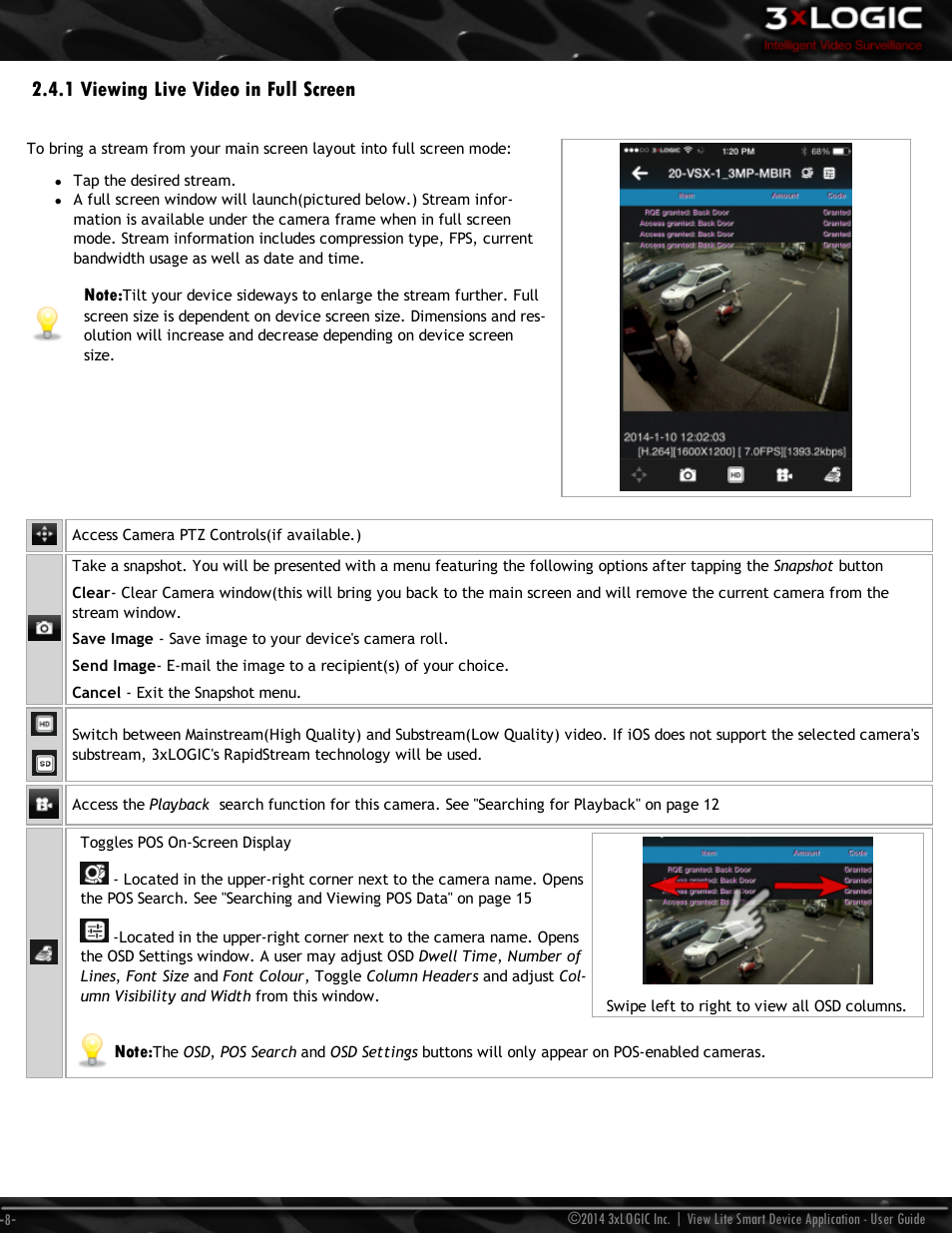 1 viewing live video in full screen | 3xLOGIC View Lite Smart Device App User Manual | Page 12 / 38