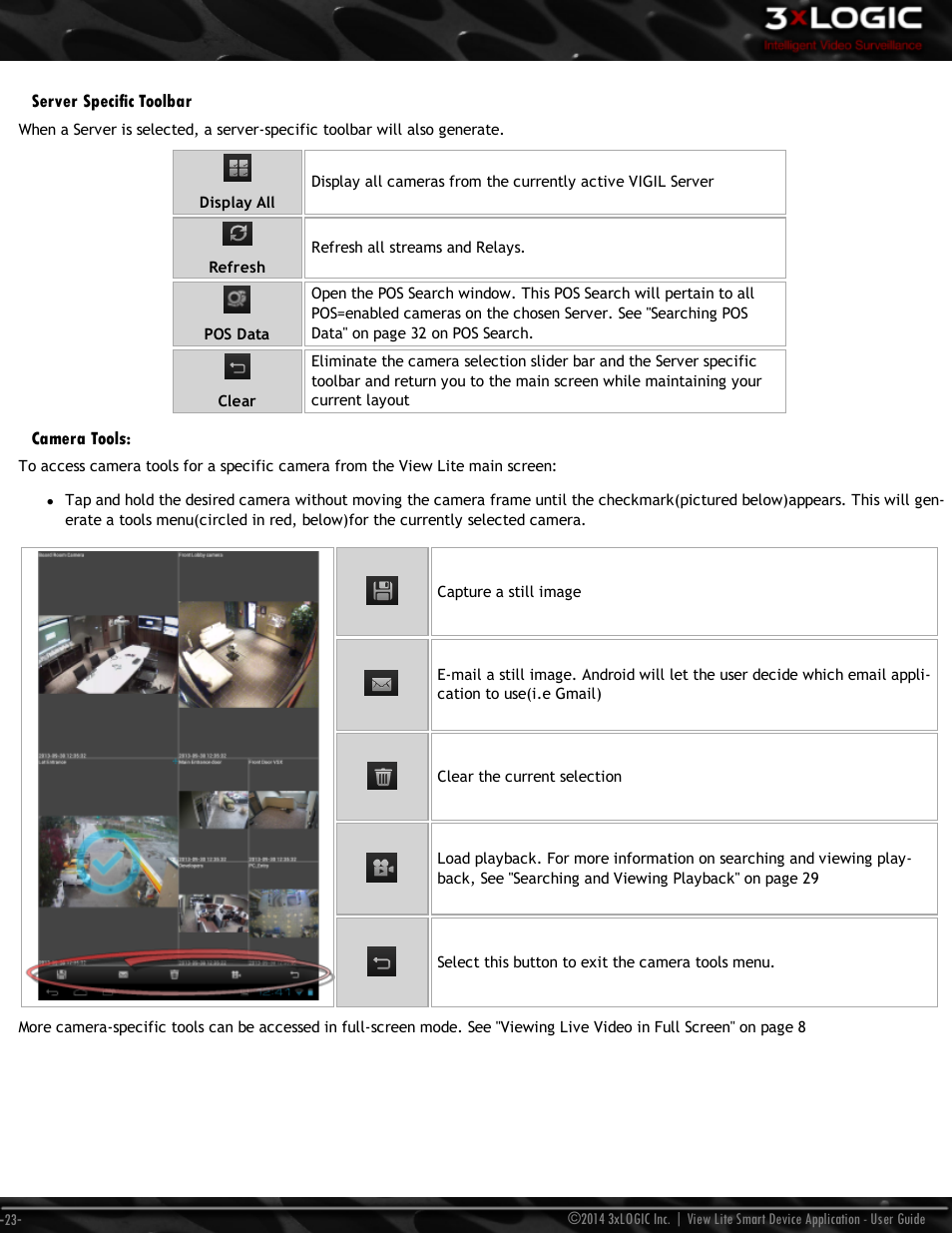 Server specific toolbar, Camera tools | 3xLOGIC View Lite Smart Device App User Manual | Page 27 / 38