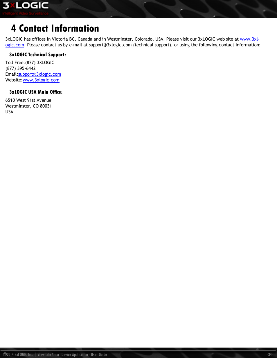 4 contact information | 3xLOGIC View Lite Smart Device App User Manual | Page 38 / 38
