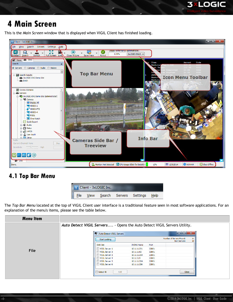 4 main screen, 1 top bar menu | 3xLOGIC VIGIL Client User Manual | Page 10 / 116