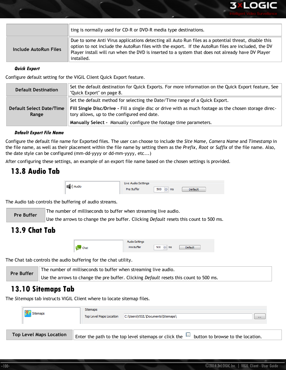 Quick export, Default export file name, 8 audio tab | 9 chat tab, 10 sitemaps tab | 3xLOGIC VIGIL Client User Manual | Page 106 / 116
