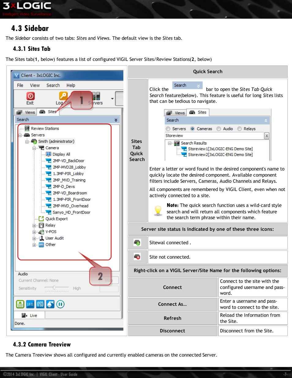 3 sidebar, 1 sites tab, 2 camera treeview | 3xLOGIC VIGIL Client User Manual | Page 13 / 116