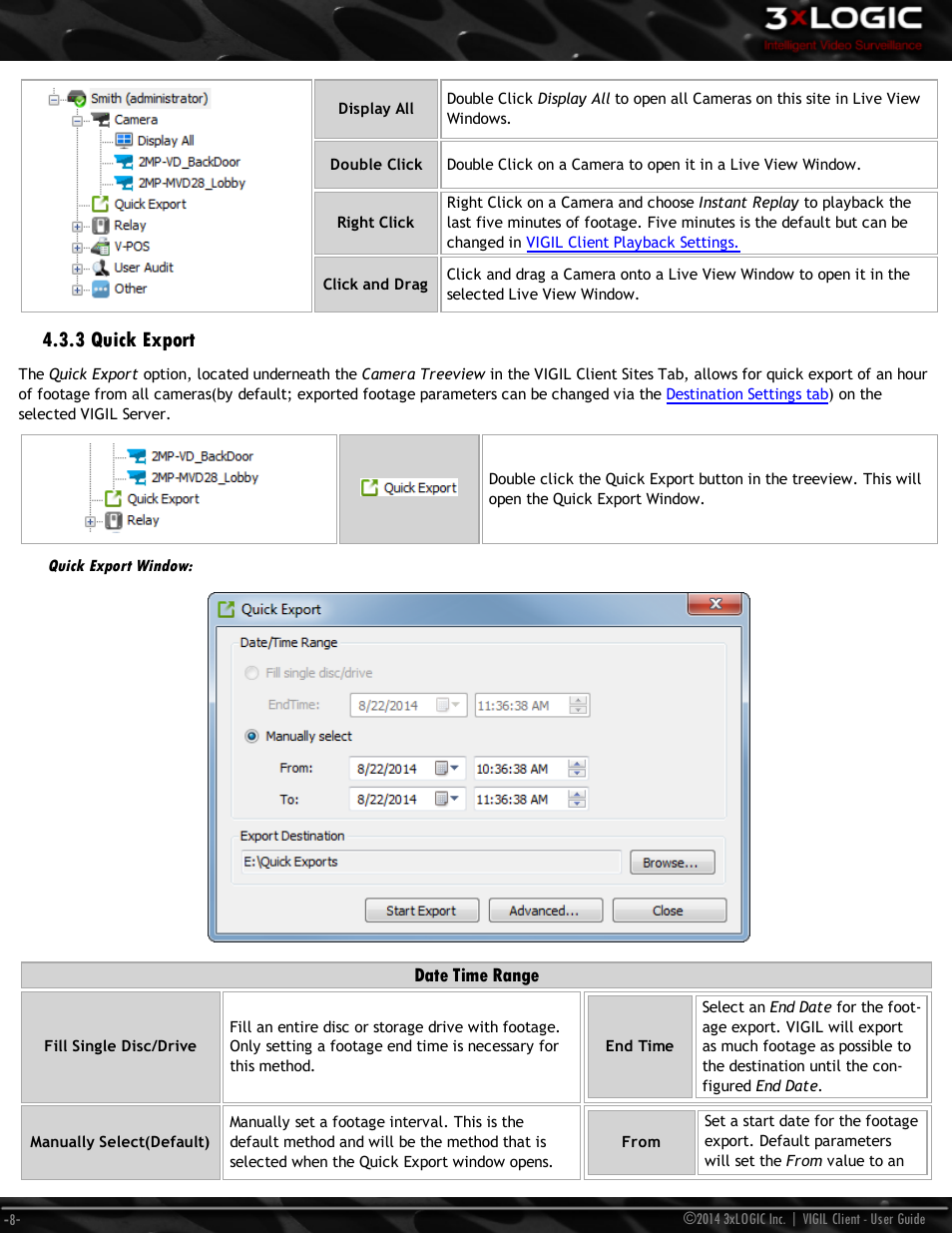 3 quick export, Quick export window, Date time range | 3xLOGIC VIGIL Client User Manual | Page 14 / 116