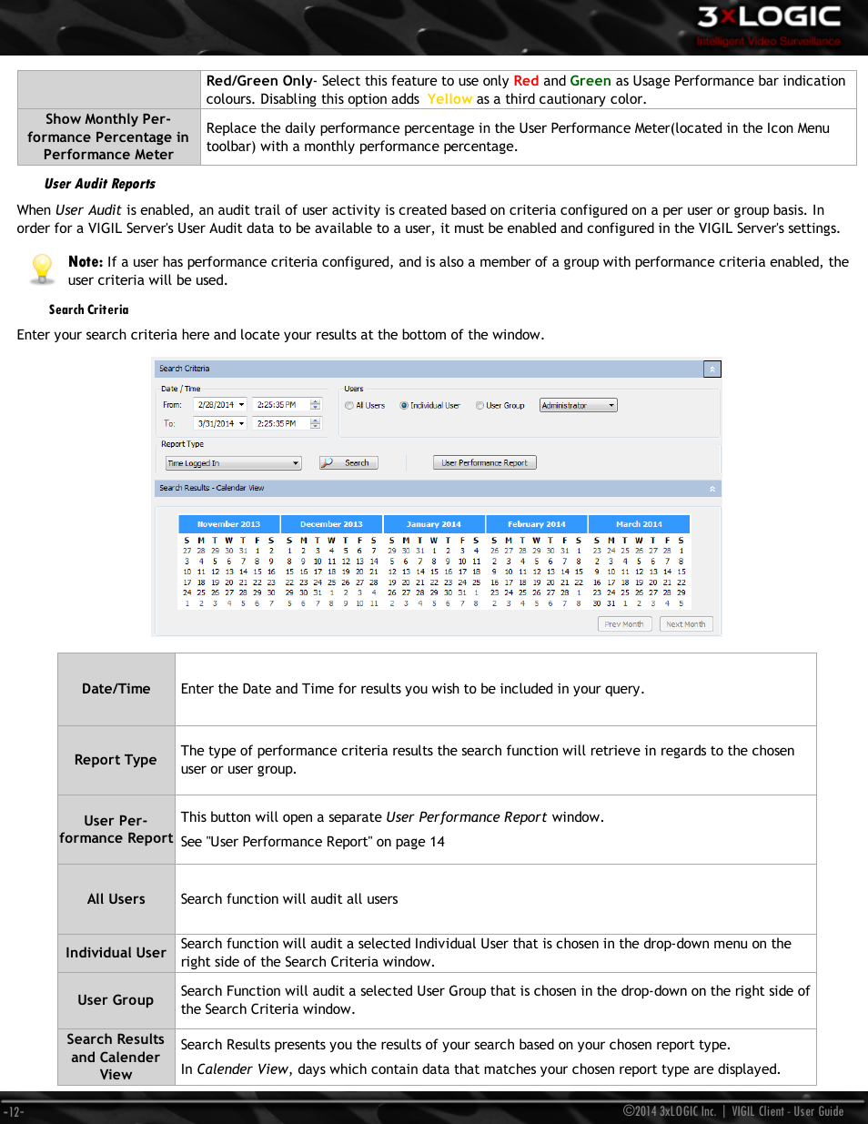 User audit reports, Search criteria | 3xLOGIC VIGIL Client User Manual | Page 18 / 116