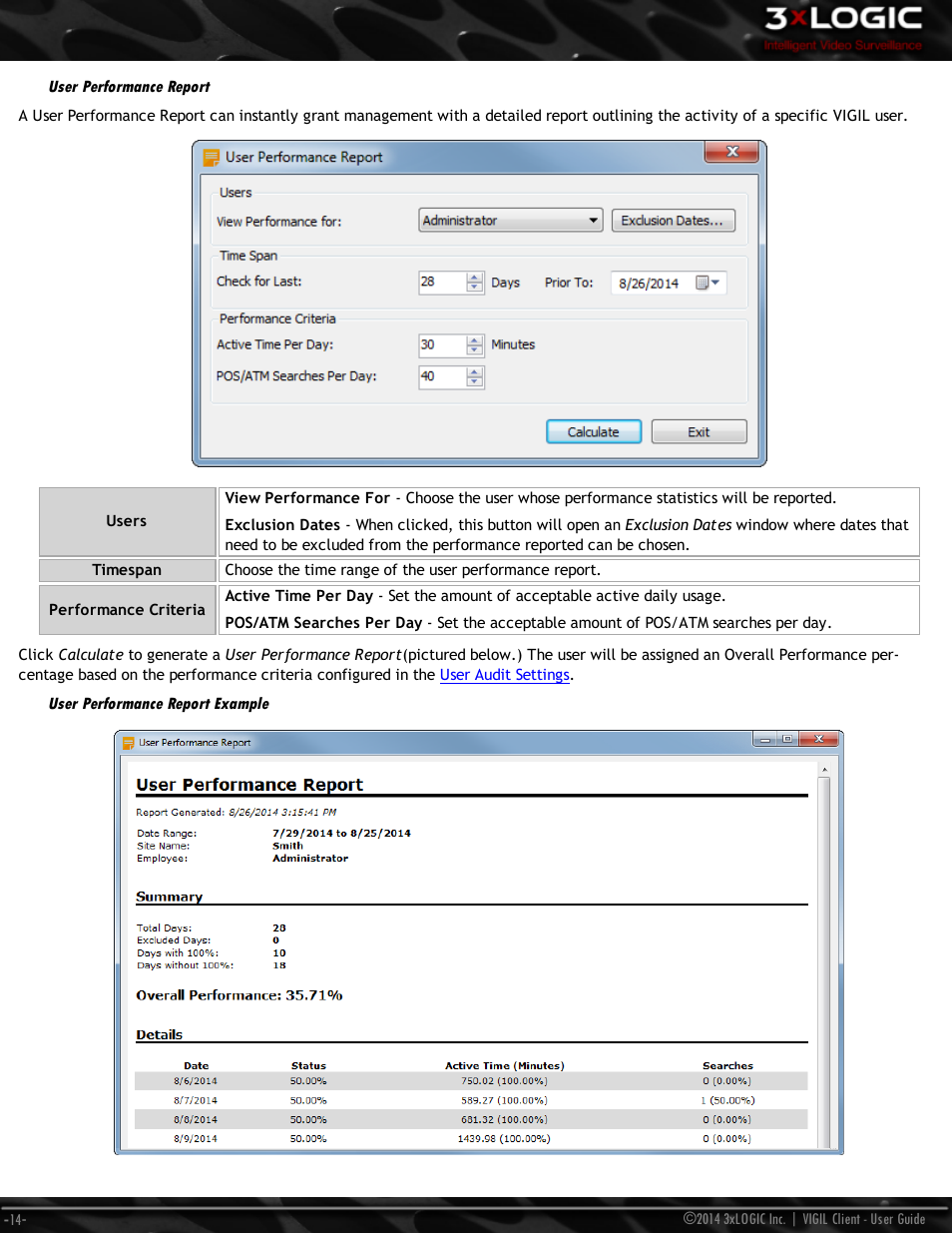 User performance report, User performance report example | 3xLOGIC VIGIL Client User Manual | Page 20 / 116