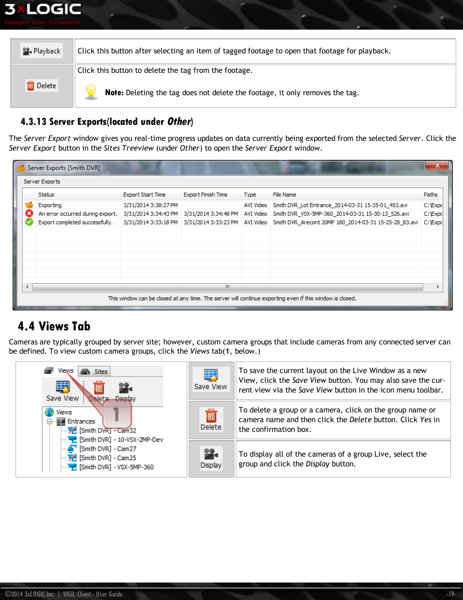 13 server exports(located under other), 4 views tab, Other | 3xLOGIC VIGIL Client User Manual | Page 25 / 116