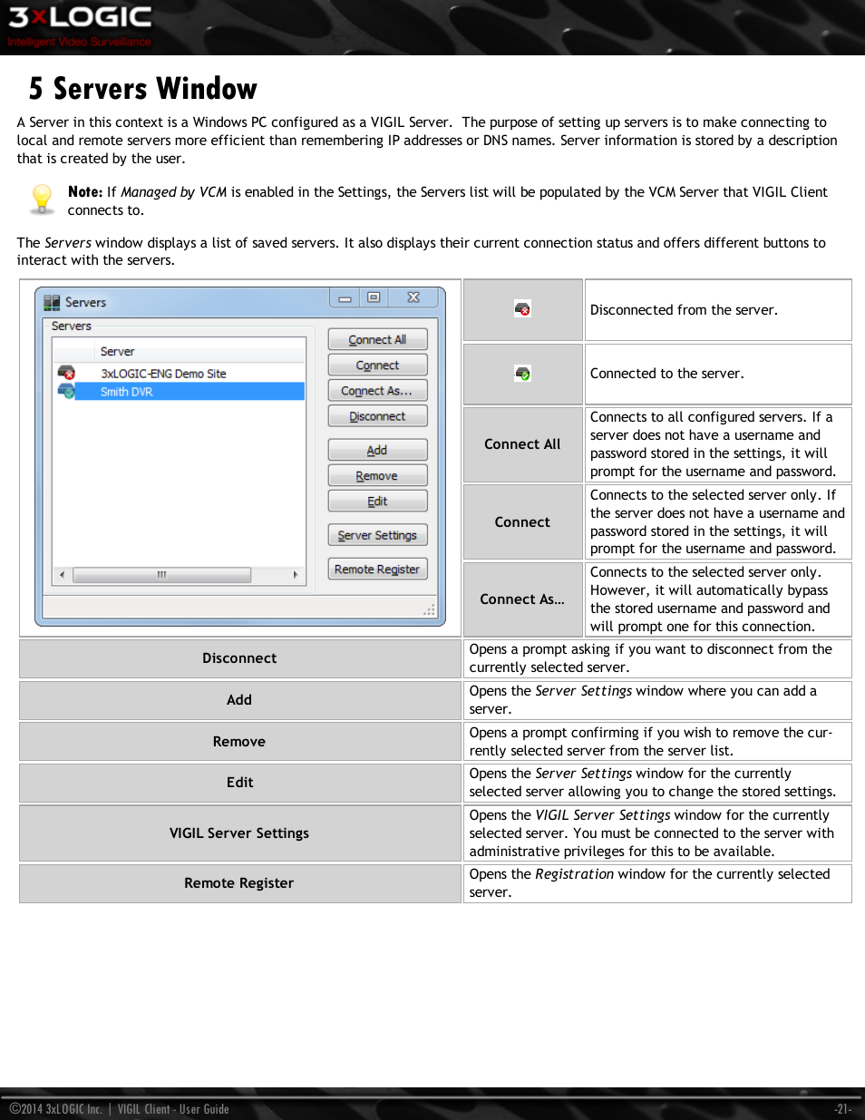 5 servers window | 3xLOGIC VIGIL Client User Manual | Page 27 / 116